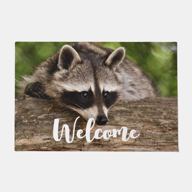 Cute Raccoon Resting on a Log Welcome Doormat (Front)