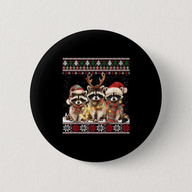 Cute Raccoon Santa Christmas Lights Ugly Xmas Swea 2 Inch Round Button (Front)