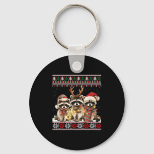 Cute Raccoon Santa Christmas Lights Ugly Xmas Swea Keychain