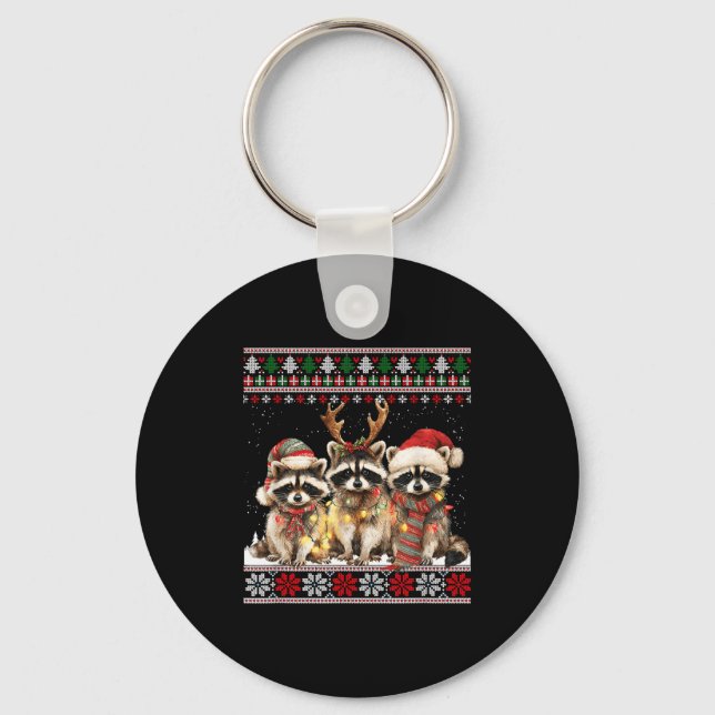 Cute Raccoon Santa Christmas Lights Ugly Xmas Swea Keychain (Front)