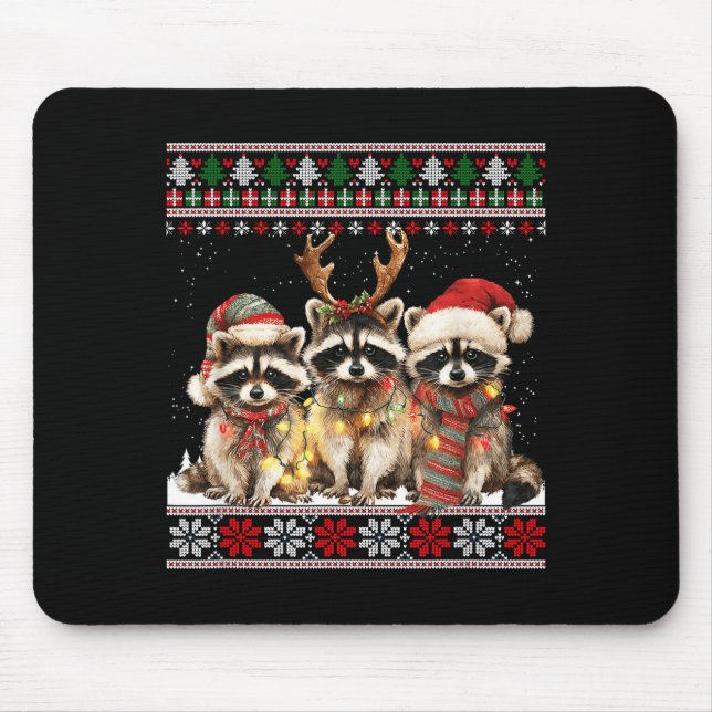 Cute Raccoon Santa Christmas Lights Ugly Xmas Swea Mouse Pad (Front)