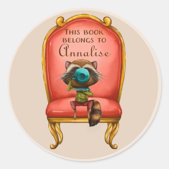 Cute Raccoon Sipping Tea in Red Chair Book Name Classic Round Sticker