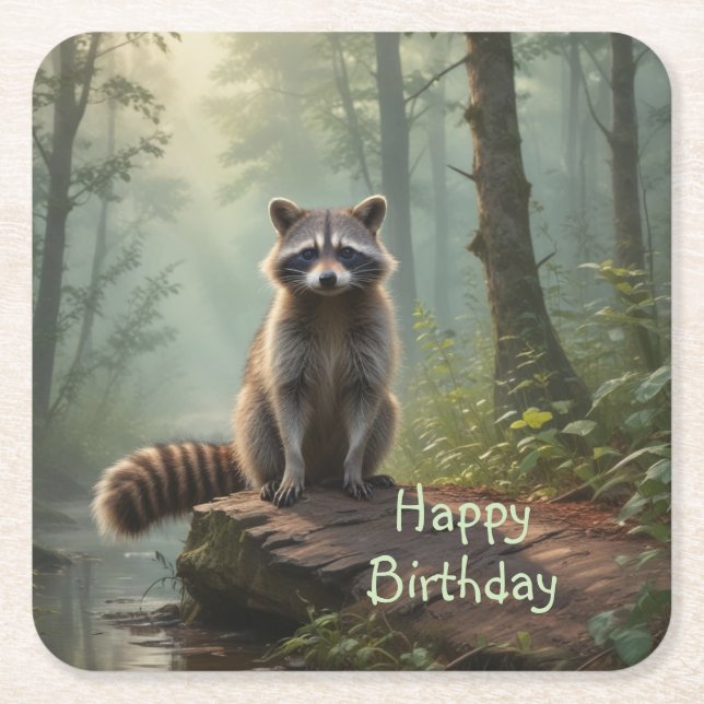 Cute Raccoon Square Paper Coaster (Front)