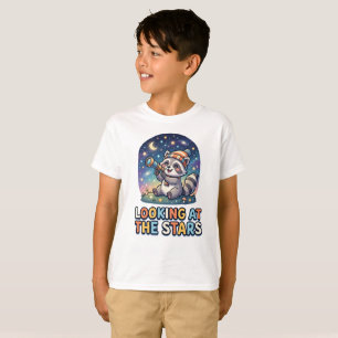 Cute Raccoon Stargazer Cartoon Design T-Shirt