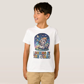 Cute Raccoon Stargazer Cartoon Design T-Shirt