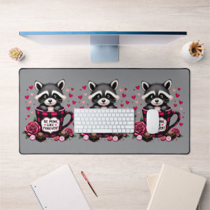 Cute Raccoon Valentine Buffalo Plaid Aesthetic Desk Mat