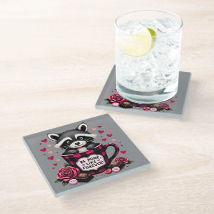 Cute Raccoon Valentine Buffalo Plaid Aesthetic Glass Coaster