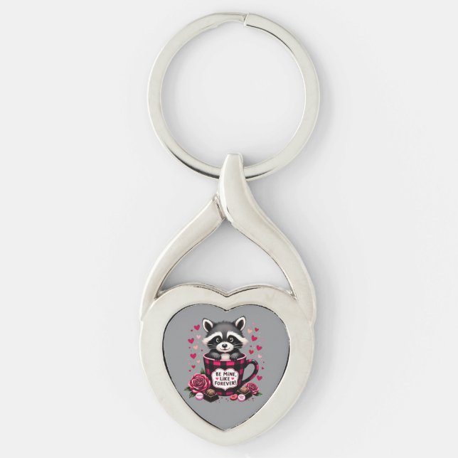 Cute Raccoon Valentine Buffalo Plaid Aesthetic Keychain (Front)
