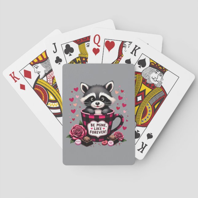 Cute Raccoon Valentine Buffalo Plaid Aesthetic Playing Cards (Back)