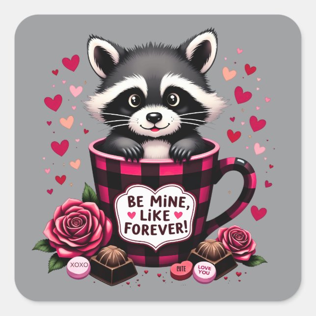 Cute Raccoon Valentine Buffalo Plaid Aesthetic Square Sticker (Front)