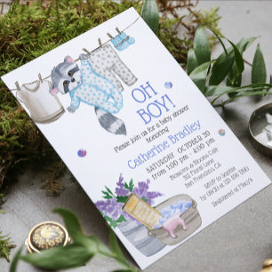 Cute Raccoon Wash Day Boy Watercolor Baby Shower Invitation