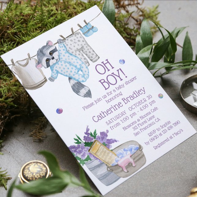 Cute Raccoon Wash Day Boy Watercolor Baby Shower Invitation (Creator Uploaded)