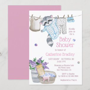 Cute Raccoon Wash Day Watercolor Baby Shower Invitation