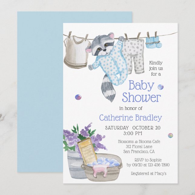 Cute Raccoon Wash Day Watercolor Baby Shower Invitation (Front/Back)