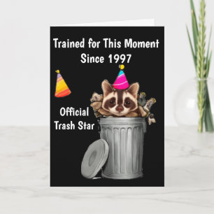 Cute Raccoon wearing birthday hat in garbage can Card