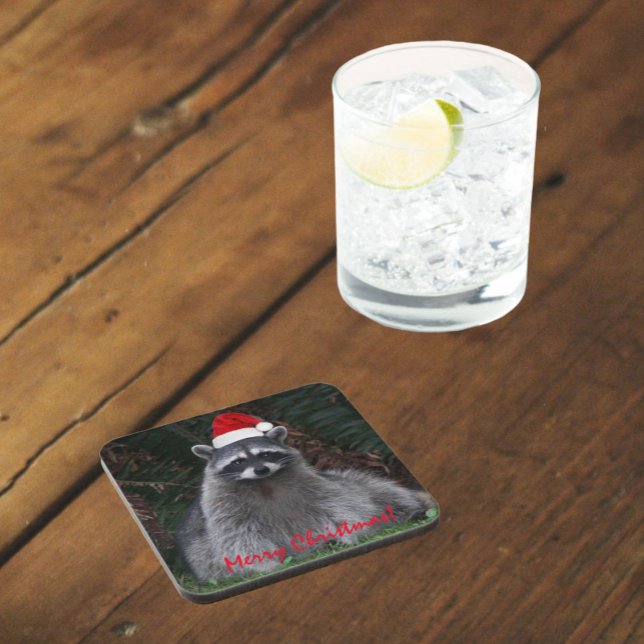 Cute Raccoon Wearing Red Santa Hat Coaster (In Situ Glass)