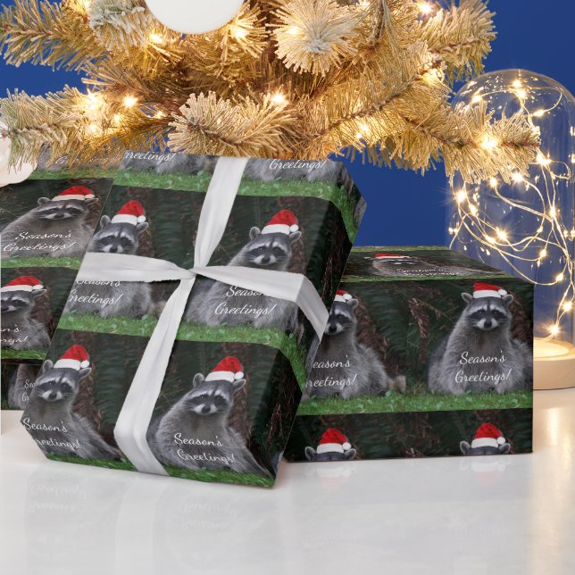 Cute Raccoon Wearing Red Santa Hat Holiday Wrapping Paper (Holidays)