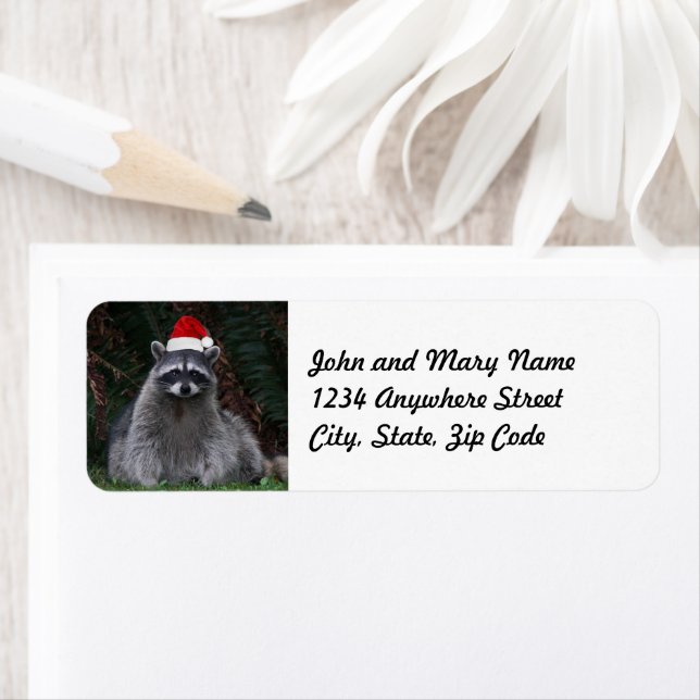 Cute Raccoon Wearing Red Santa Hat Return Address (Insitu)