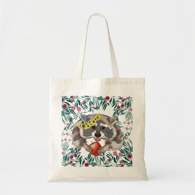 Cute raccoon with an apple in the paws tote bag (Front)