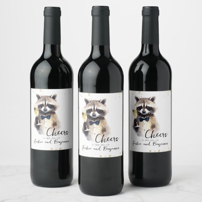 Cute Raccoon with Champagne Wedding Anniversary Wine Label (Bottles)