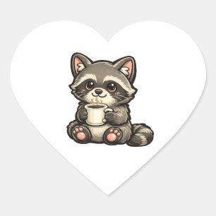Cute Raccoon with Coffee – Cozy Kawaii Animal Heart Sticker