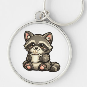 Cute Raccoon with Coffee – Cozy Kawaii Animal Keychain