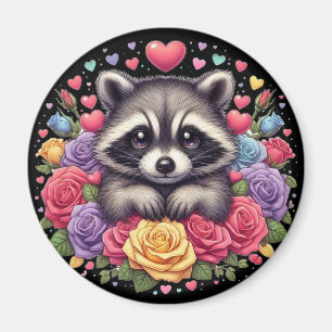 Cute Raccoon with Colourful Flowers and Hearts Magnet