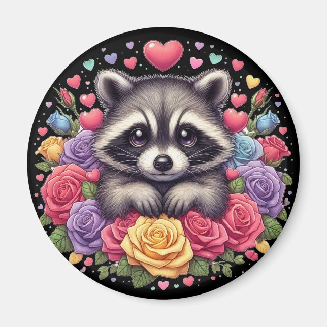 Cute Raccoon with Colourful Flowers and Hearts Magnet (Front)