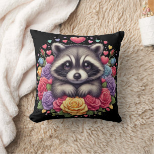 Cute Raccoon with Colourful Flowers and Hearts Throw Pillow