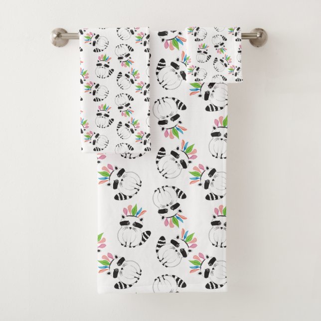 Cute Raccoon with feathers on his head Bath Towel Set (Insitu)