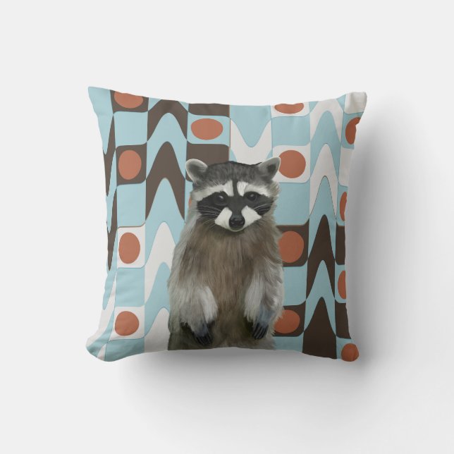 Cute Raccoon With Fun Geometric Background Throw Pillow (Front)
