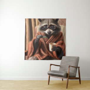 Cute raccoon with glasses in a tricot coat  tapest tapestry