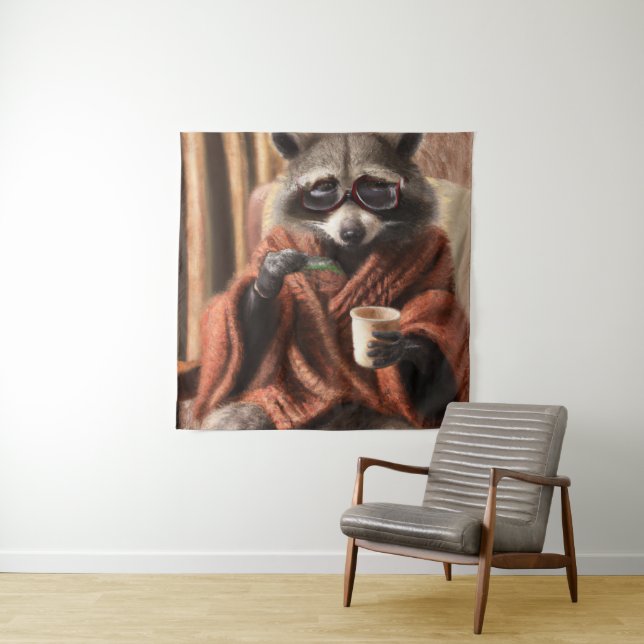 Cute raccoon with glasses in a tricot coat  tapest tapestry (In Situ)