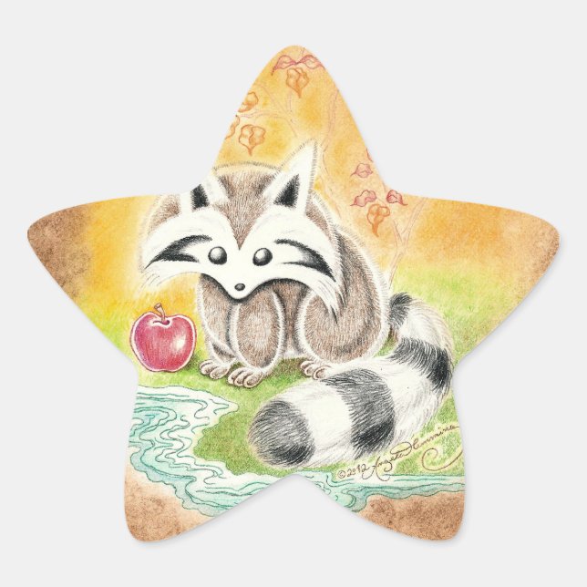 Cute raccoon with red apple near pond star sticker (Front)