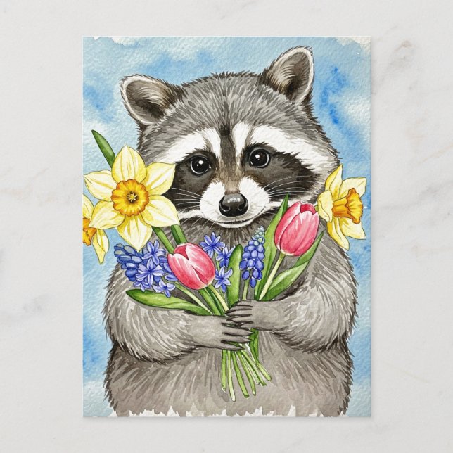 Cute Raccoon with Spring Flowers Postcard (Front)