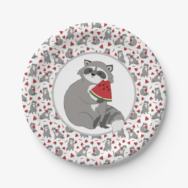 Cute raccoon with watermelon paper plate (Front)
