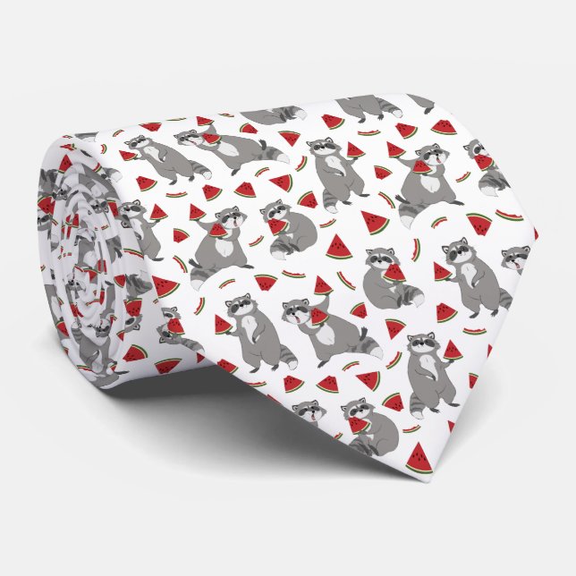 Cute Raccoon with Watermelon Pattern Tie (Rolled)