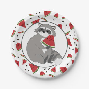 Cute Raccoon with Watermelon Pieces Paper Plate