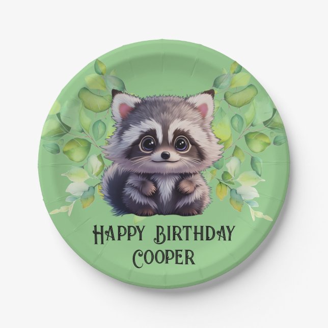 Cute raccoon woodland animals forest friends  paper plate (Front)