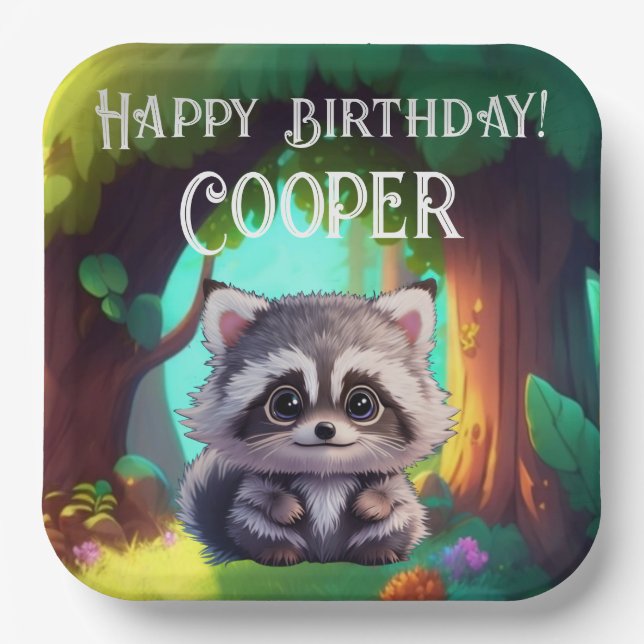 Cute raccoon woodland animals forest friends  paper plate (Front)