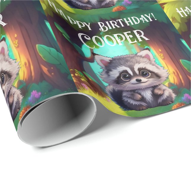 Cute raccoon woodland animals forest friends  wrapping paper (Roll Corner)