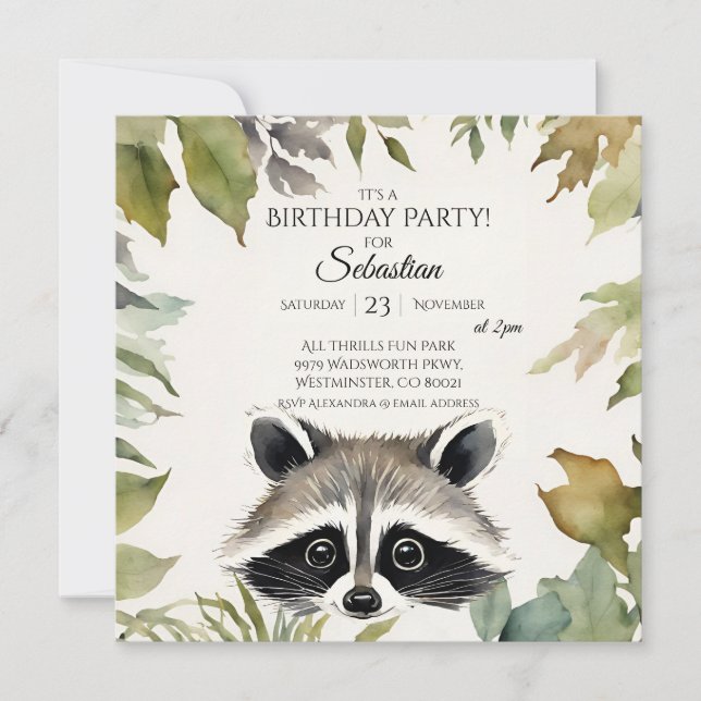 Cute Raccoon Woodland Birthday Party Invitation (Front)