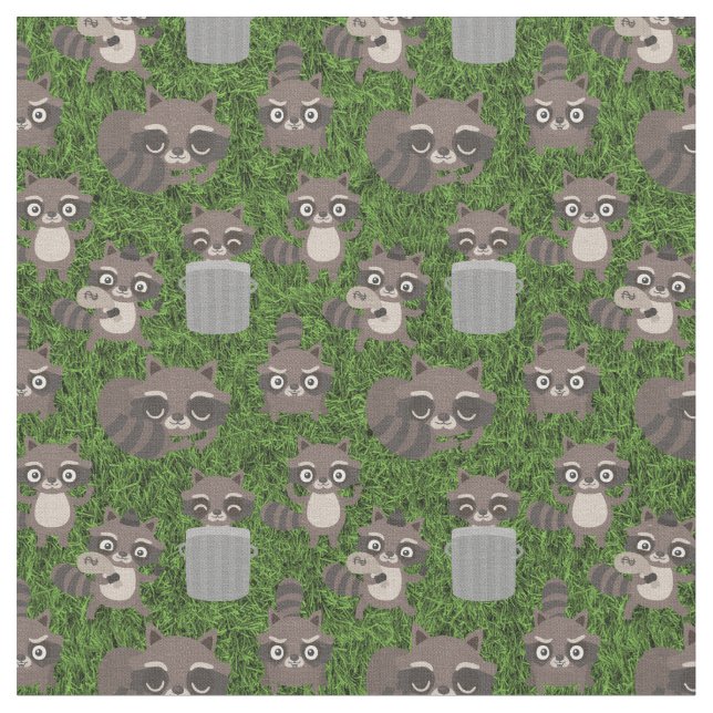 cute raccoons garbage trash cans fabric (Close Up)