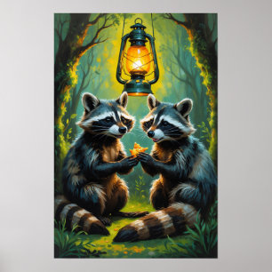 Cute Raccoons Holding Lantern Whimsical Forest Art Poster