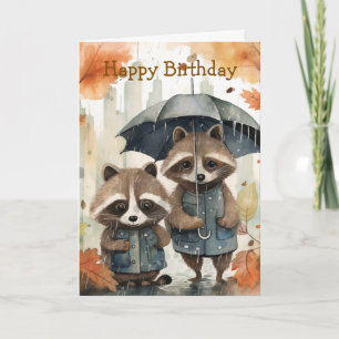 Cute Raccoons in the Rain Birthday Card