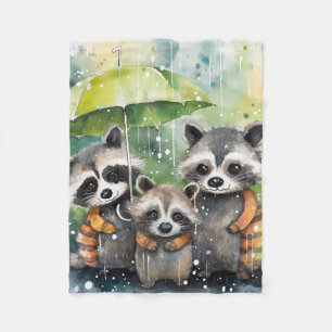 Cute Raccoons in the Rain Fleece Blanket