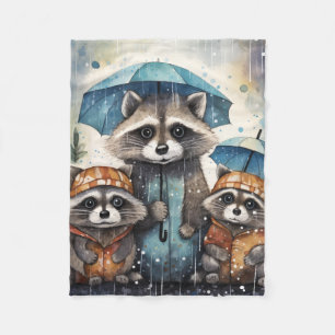 Cute Raccoons in the Rain Fleece Blanket