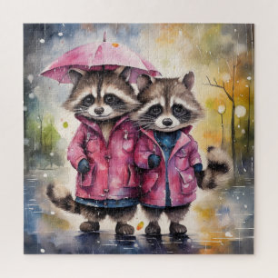 Cute Raccoons in the Rain Jigsaw Puzzle