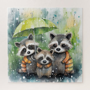 Cute Raccoons in the Rain Jigsaw Puzzle