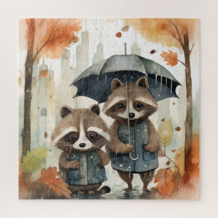 Cute Raccoons in the Rain Jigsaw Puzzle